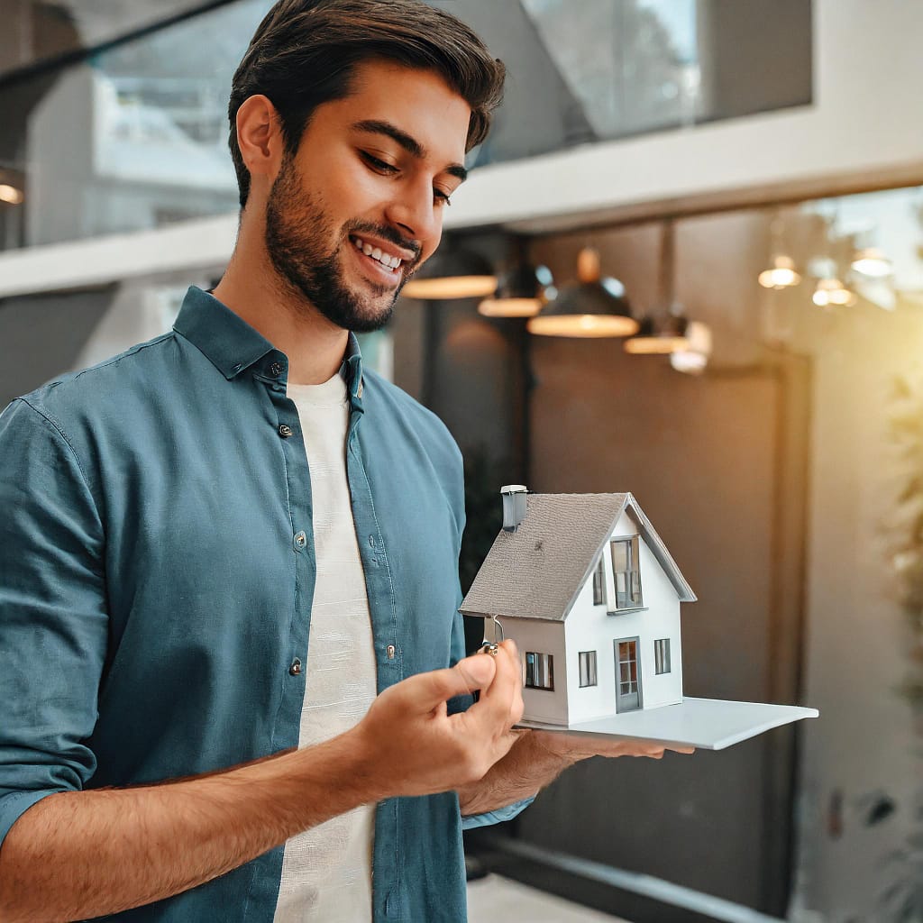 Un homme tient une maquette de maison dans la main afin de montrer qu'il est un jeune acquéreur mettant en place un projet immobilier